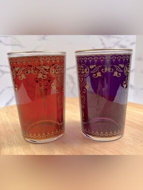 Vintage Moroccan Tea Glasses-RARE-Set of 2-Violet and Orange Trimmed in Gold